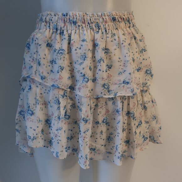Womens LoveShackFancy 100% Silk Cream, Pink, Blue Floral Flounce Mini Skirt M - Picture 1 of 6